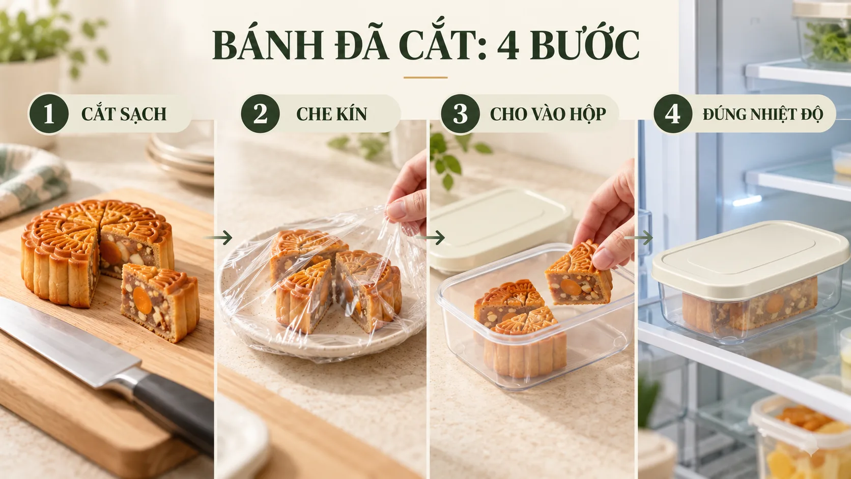 Bốn bước bảo quản b&aacute;nh Trung Thu đ&atilde; cắt gồm cắt sạch, che k&iacute;n, cho v&agrave;o hộp INOCHI v&agrave; đặt đ&uacute;ng nhiệt độ