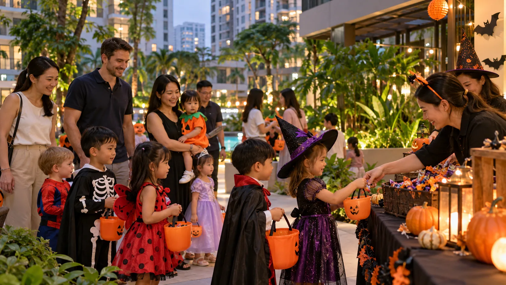 Children in Halloween costumes receiving treats at an organized community event in Ho Chi Minh City