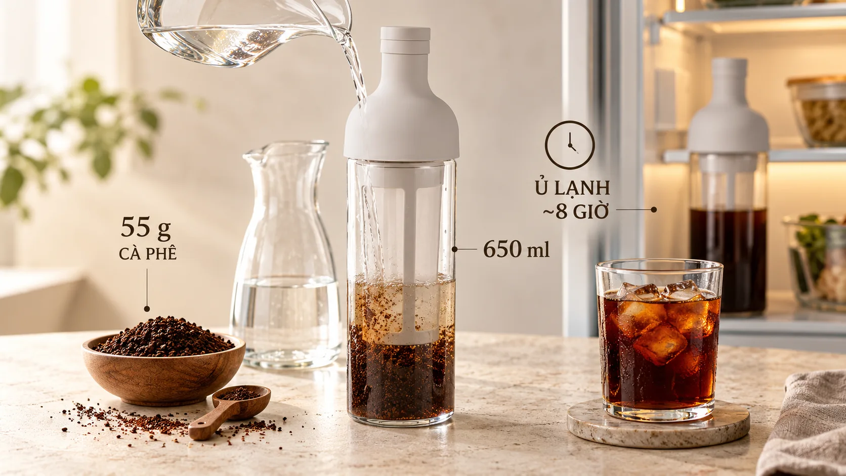 C&aacute;ch pha cold brew bằng b&igrave;nh HARIO 650 ml với 55 g c&agrave; ph&ecirc; v&agrave; thời gian ủ lạnh khoảng 8 giờ
