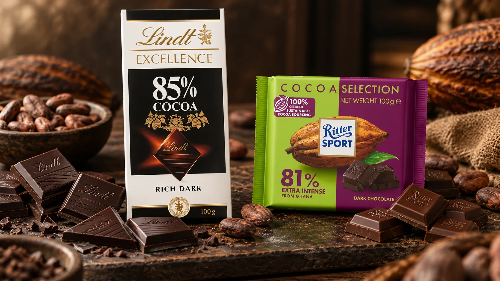 So sánh Lindt Excellence 85% và Ritter Sport Ghana 81% dark chocolate