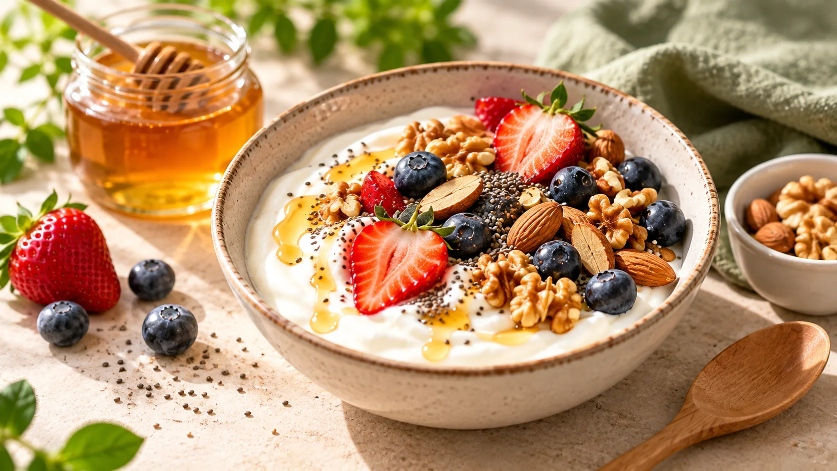 Yogurt bowl với berries c&aacute;c loại hạt v&agrave; một lớp mật ong mỏng
