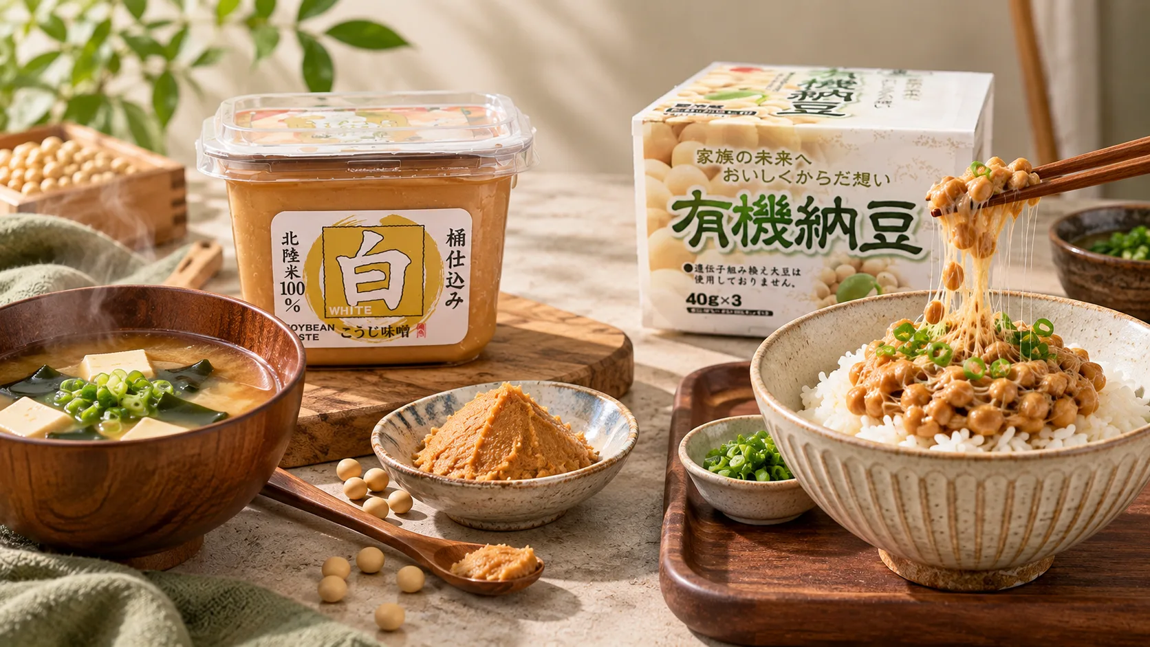 Miso trắng và natto Nhật Bản với hai cách sử dụng đậu nành lên men khác nhau