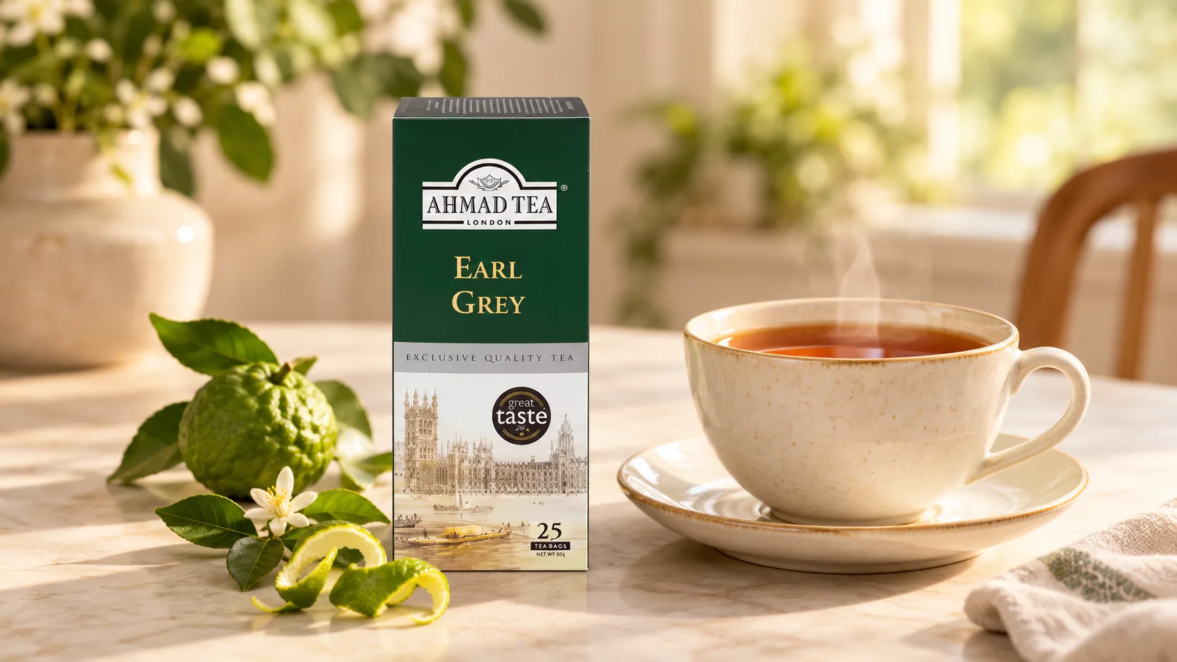 Trà đen Earl Grey cùng bergamot và tách trà màu hổ phách