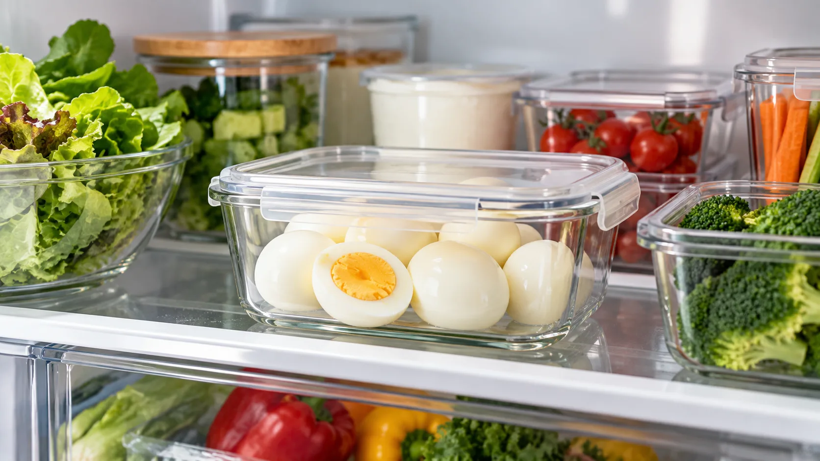 Trứng luộc được chuẩn bị sẵn và bảo quản gọn trong hộp kín trong tủ lạnh