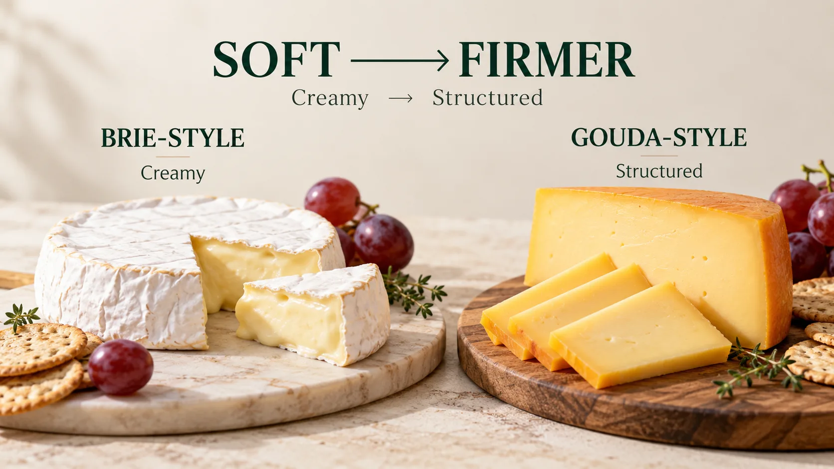 So sánh kết cấu phô mai mềm kiểu Brie và phô mai chắc hơn kiểu Gouda