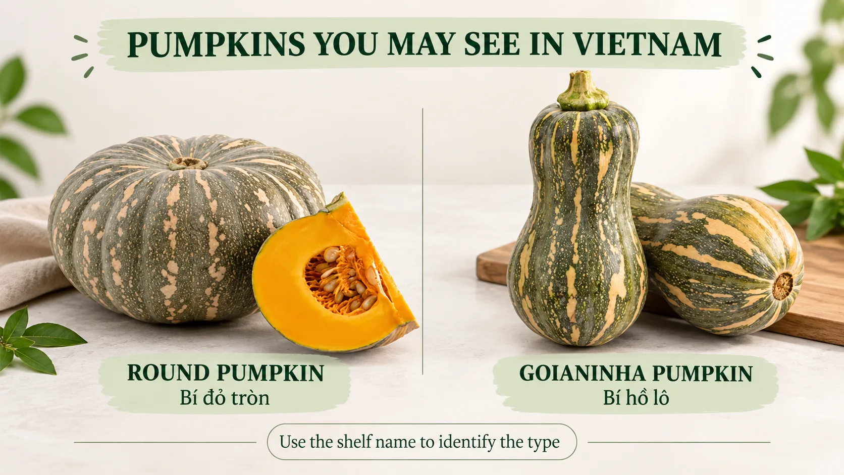 Round pumpkin and b&iacute; hồ l&ocirc; Goianinha pumpkin shown side by side as examples sold in Vietnam