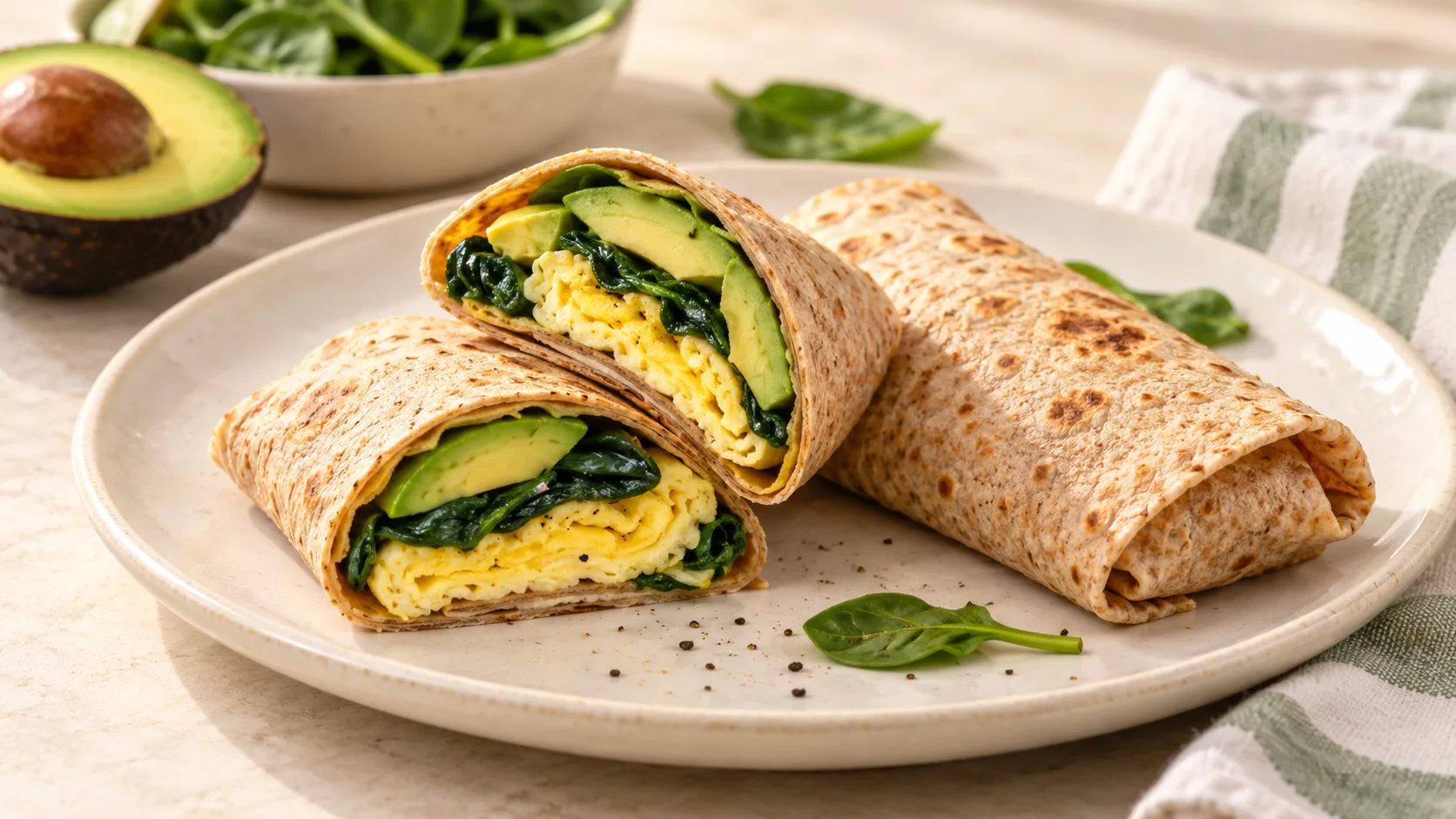 Bánh tortilla cuộn trứng rau chân vịt và bơ cho bữa sáng nhanh