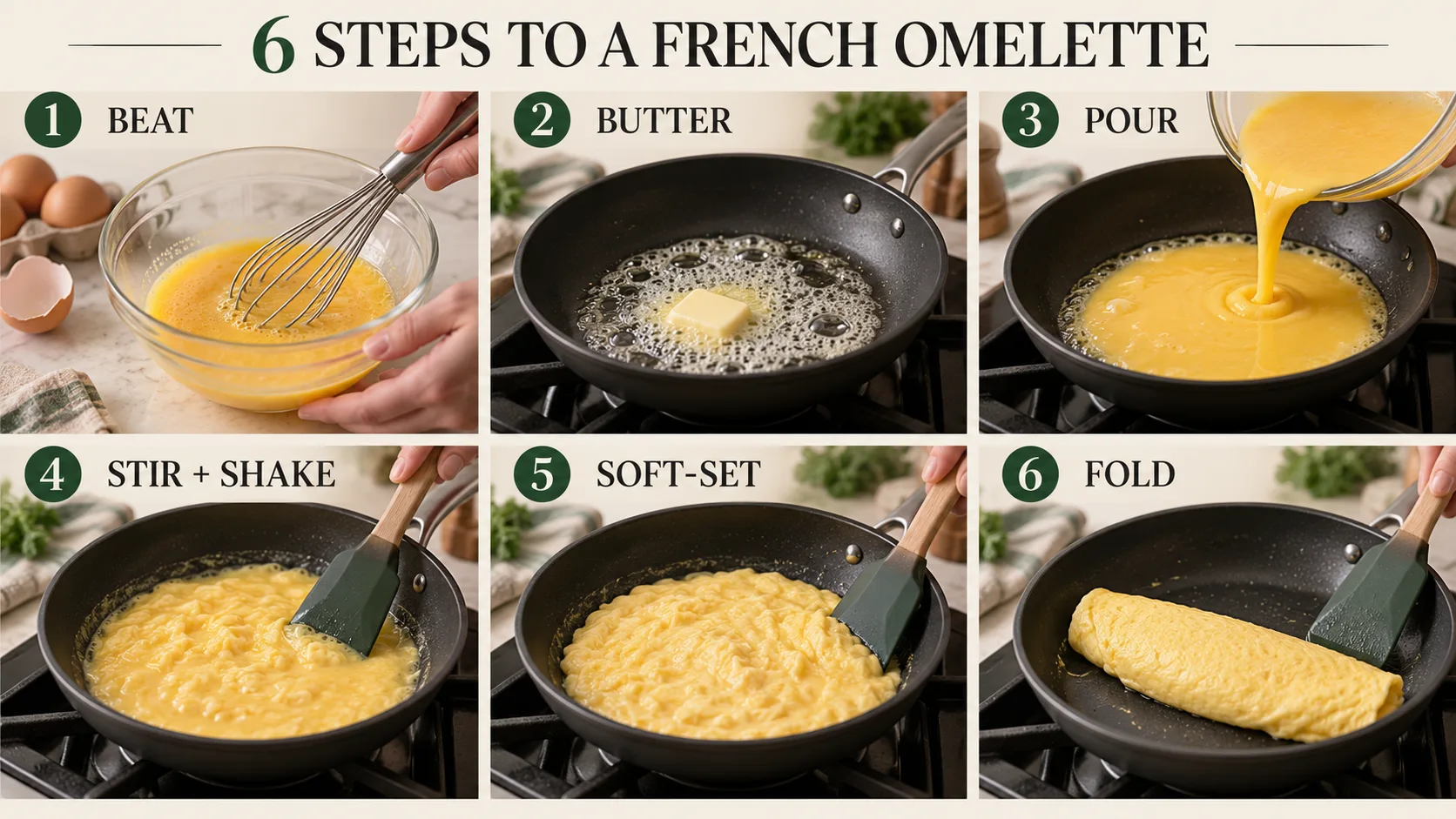 S&aacute;u bước đ&aacute;nh trứng, l&agrave;m n&oacute;ng bơ, đổ trứng, khuấy, để trứng se v&agrave; cuộn omelette kiểu Ph&aacute;p