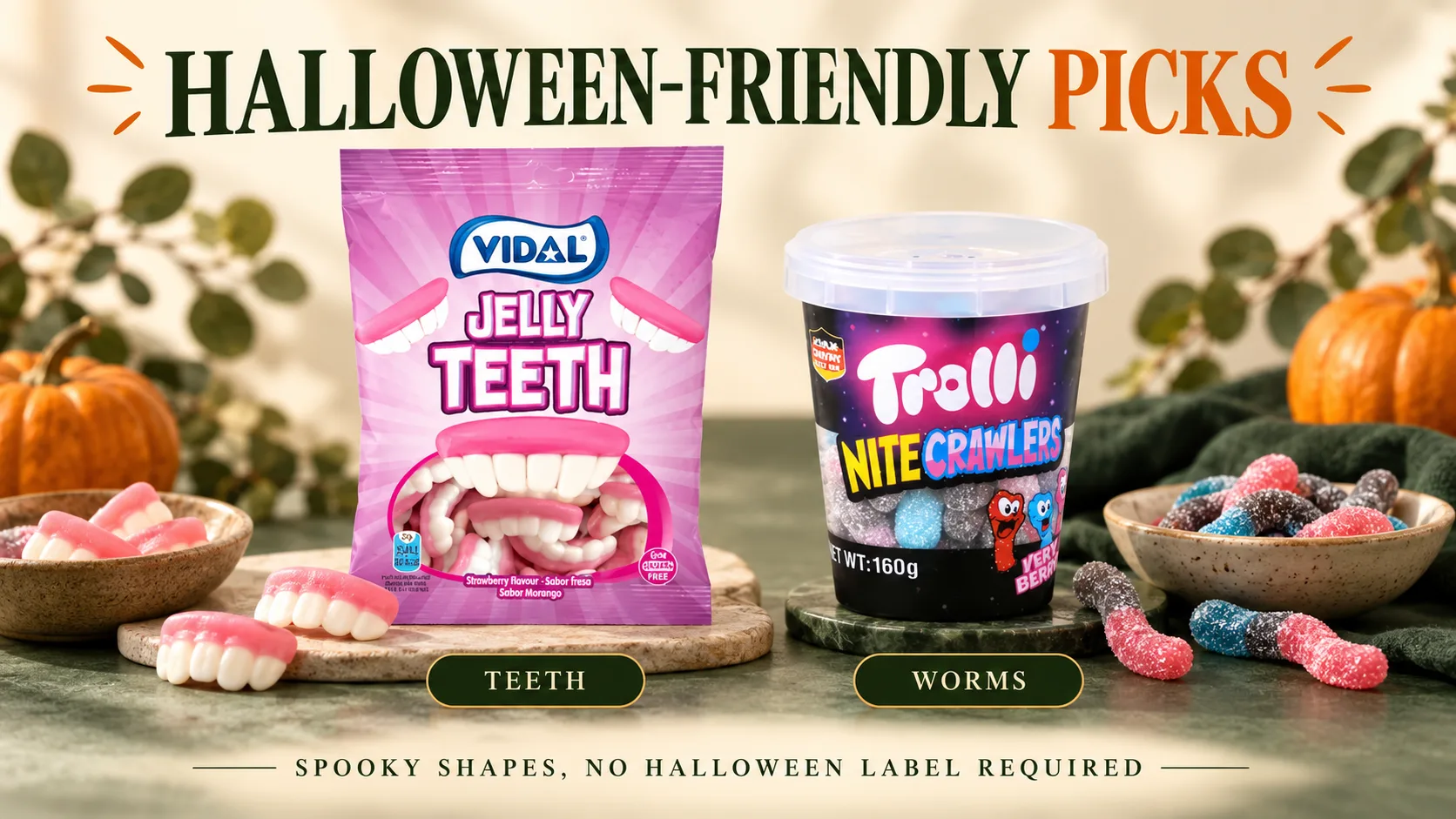 Vidal teeth gummies Trolli Nite Crawlers and Fini marshmallows as Halloween-friendly candy options