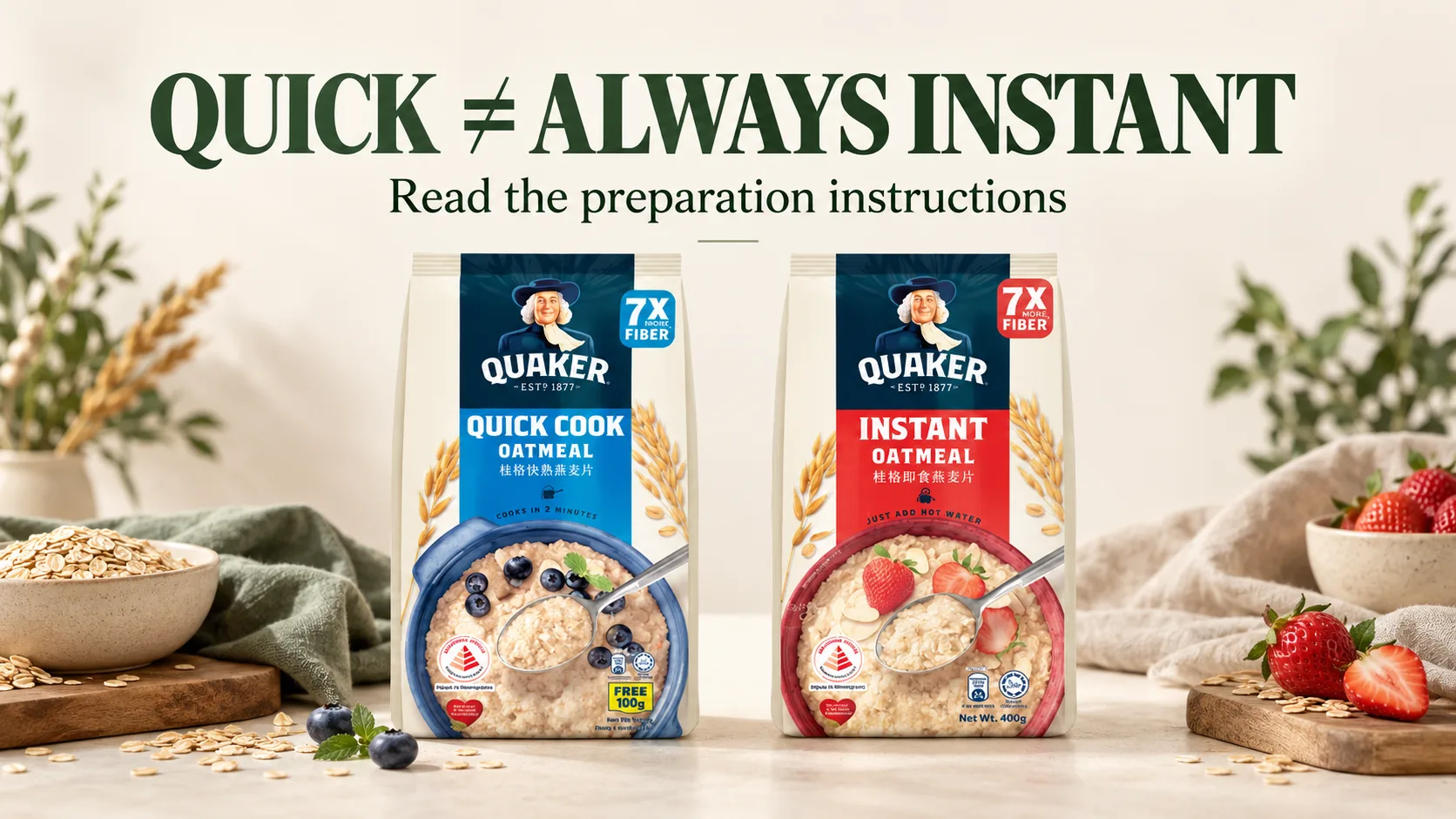 So sánh bao bì Quaker Quick Cook Oatmeal và Quaker Instant Oatmeal để phân biệt quick oats và instant oats