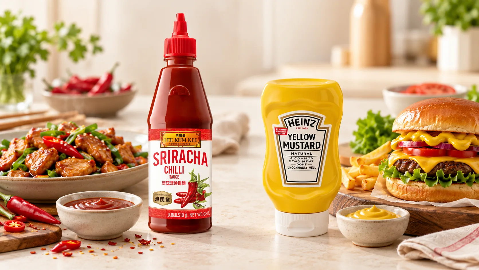 Sriracha Lee Kum Kee dùng với món cay và mù tạt vàng Heinz dùng cùng sandwich