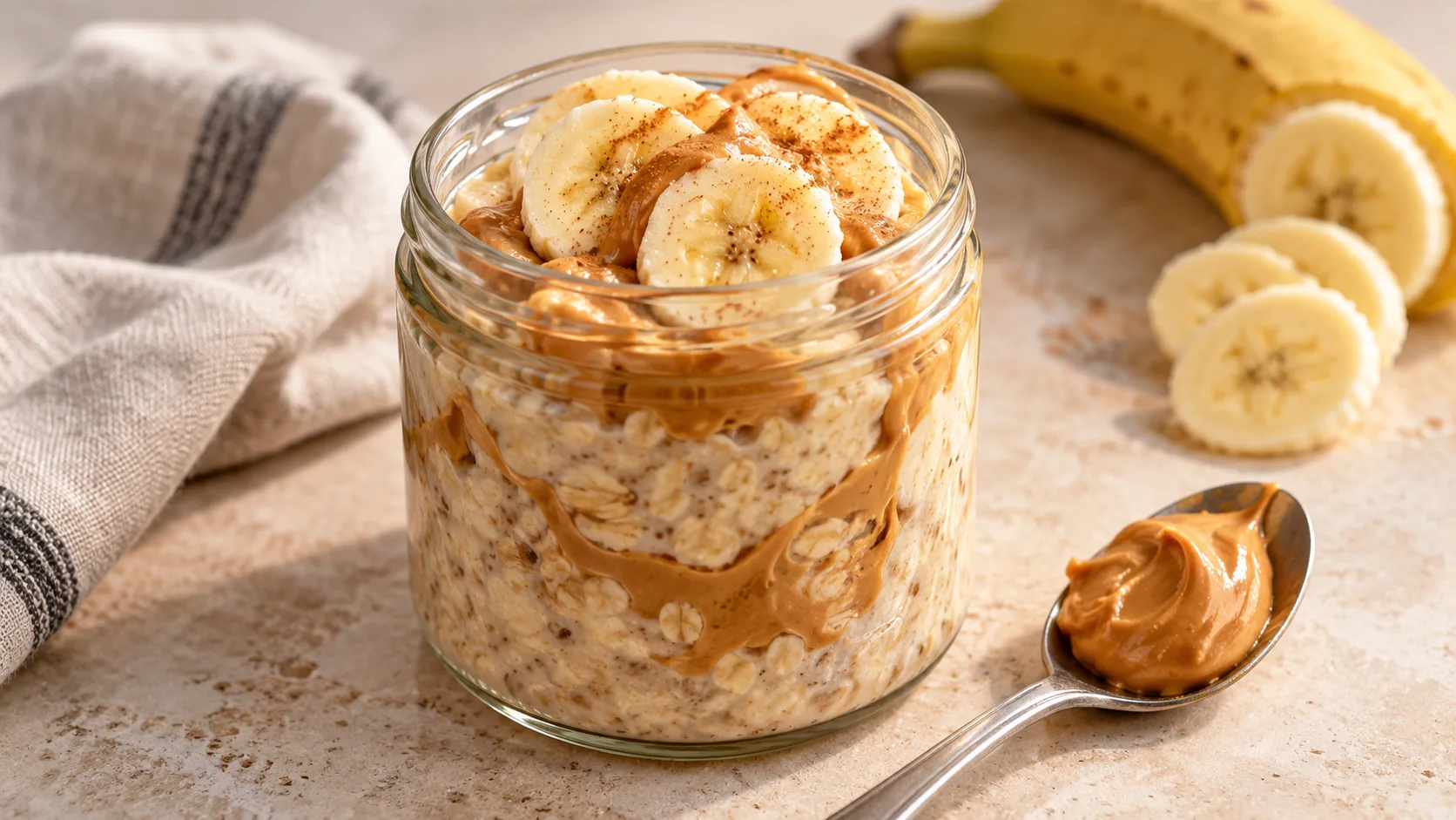 Overnight oats chuối bơ đậu phộng với chuối cắt lát và lớp bơ đậu phộng béo mịn