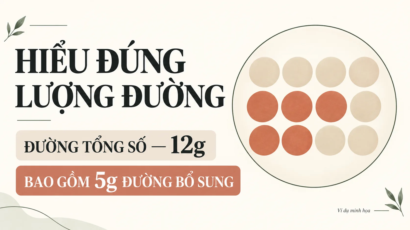 Minh họa 12g đường tổng số đã bao gồm 5g đường bổ sung trên nhãn dinh dưỡng