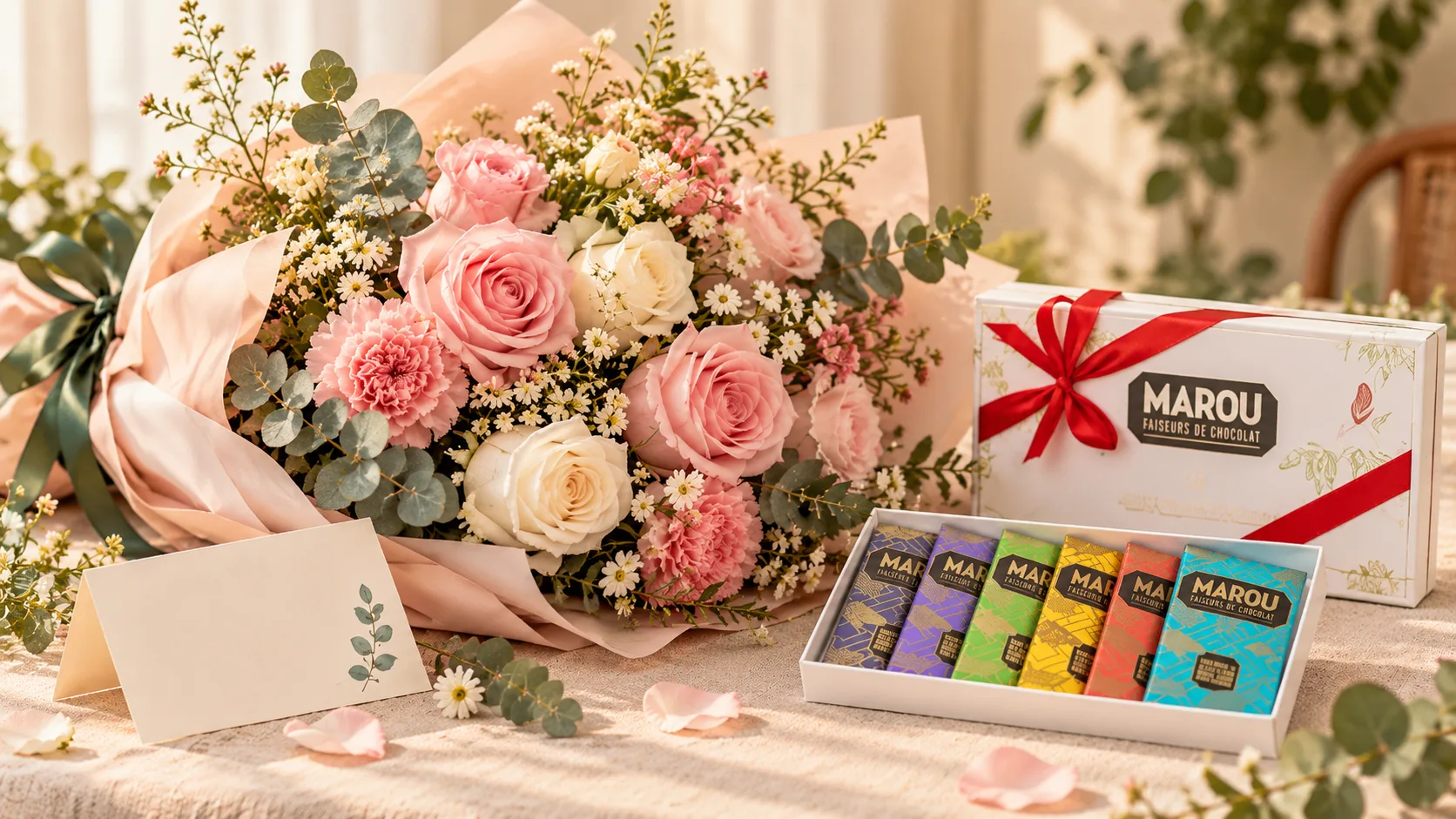 Bó hoa hồng màu hồng nhạt kết hợp chocolate và thiệp chúc mừng ngày 20/10