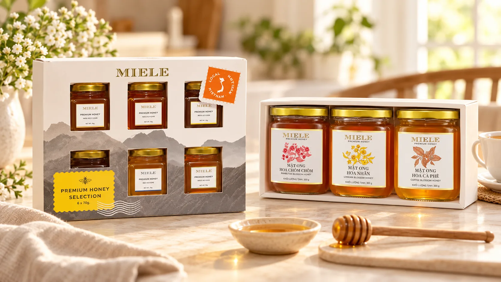 Hai bộ quà mật ong MIELE gồm hộp 6 hũ 420g và bộ 3 hũ 900g đặt cạnh tách trà và dụng cụ lấy mật ong