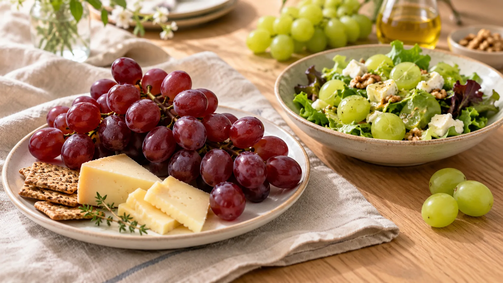 Gợi ý sử dụng nho đỏ và nho xanh trong đĩa trái cây, salad và bữa ăn nhẹ