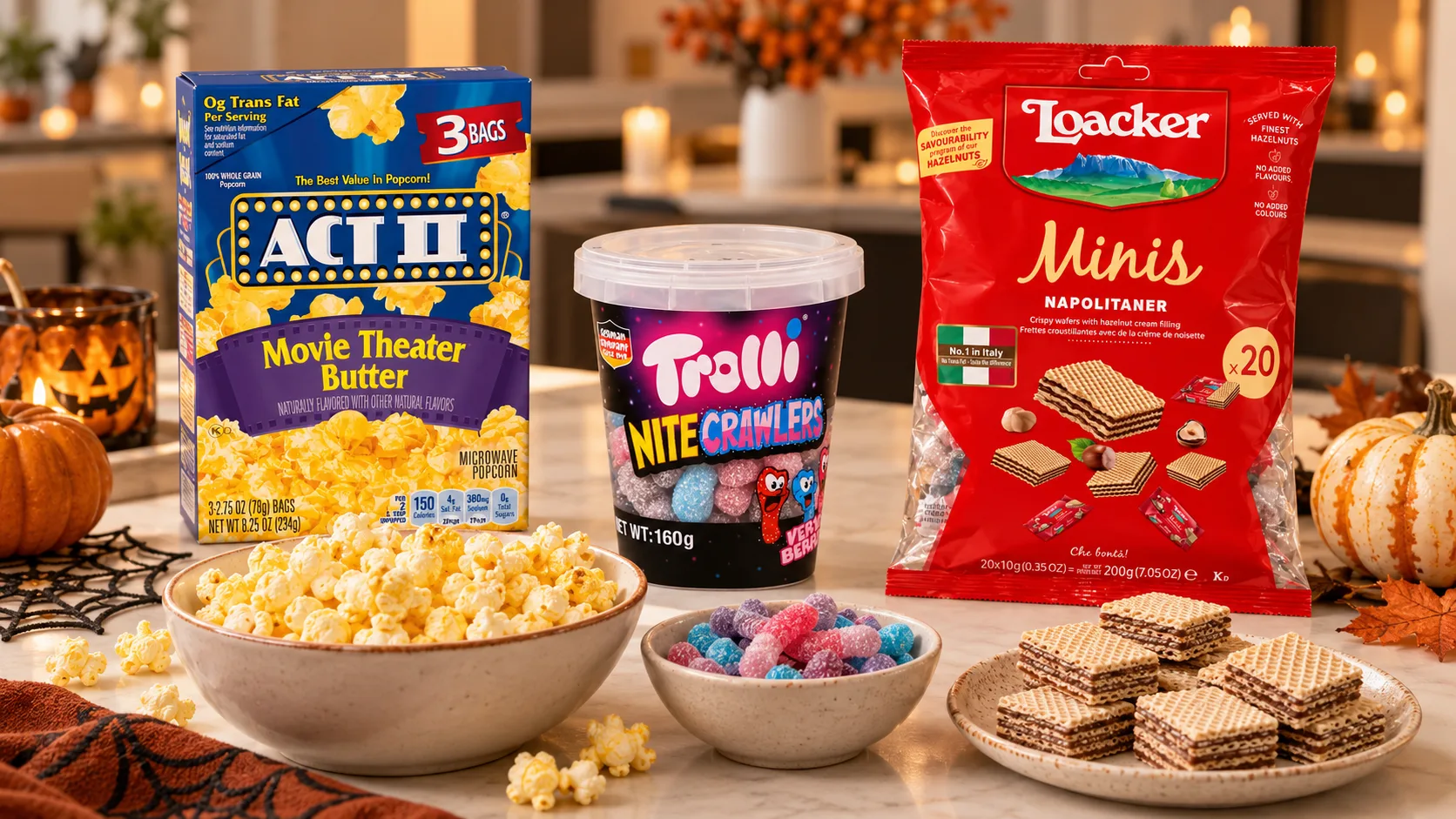 ACT II popcorn, Trolli gummy worms and Loacker hazelnut wafers arranged for a Halloween apartment party