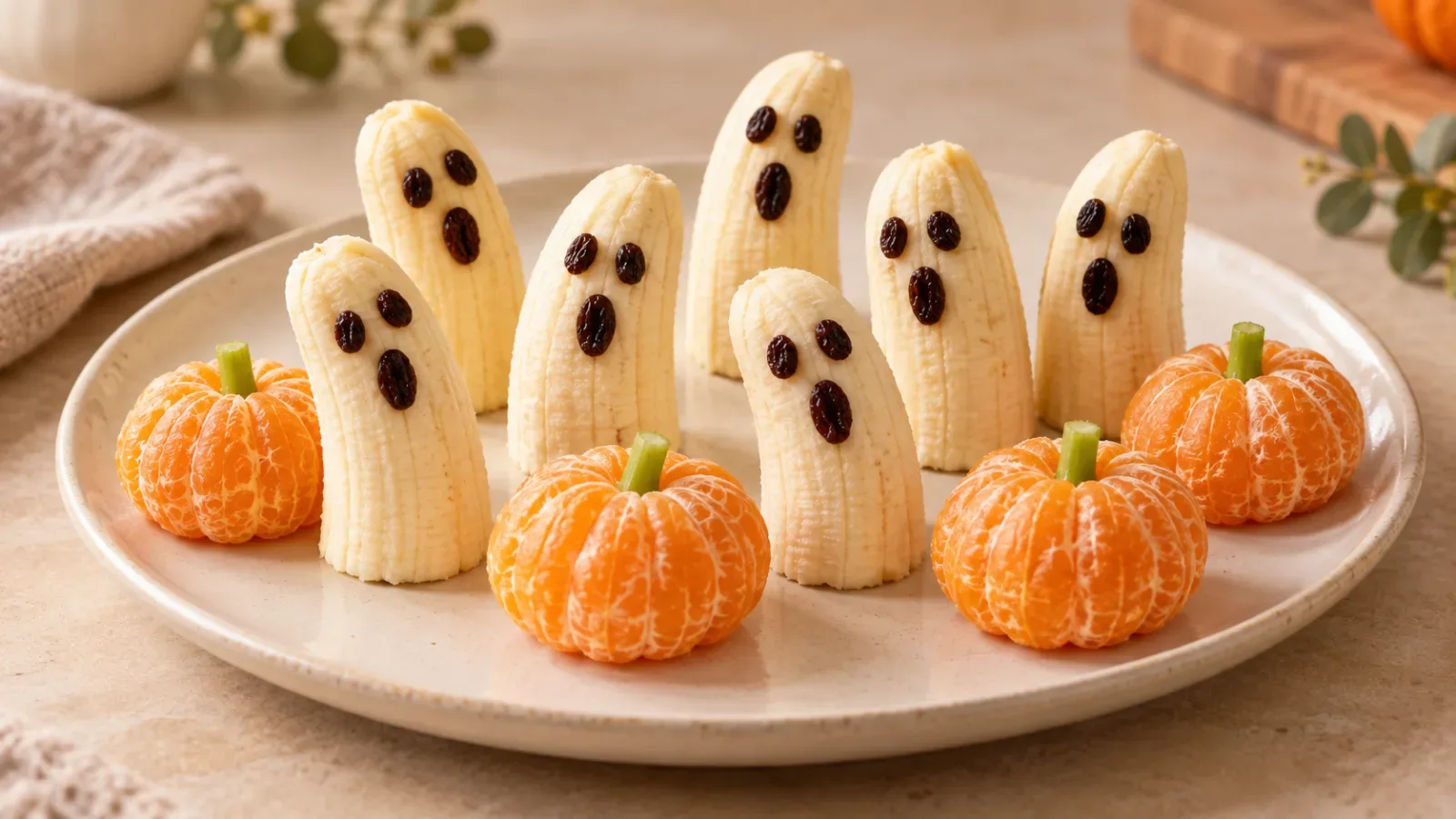 Banana ghosts decorated with raisin faces and peeled mandarin pumpkins with green stems on a Halloween fruit platter