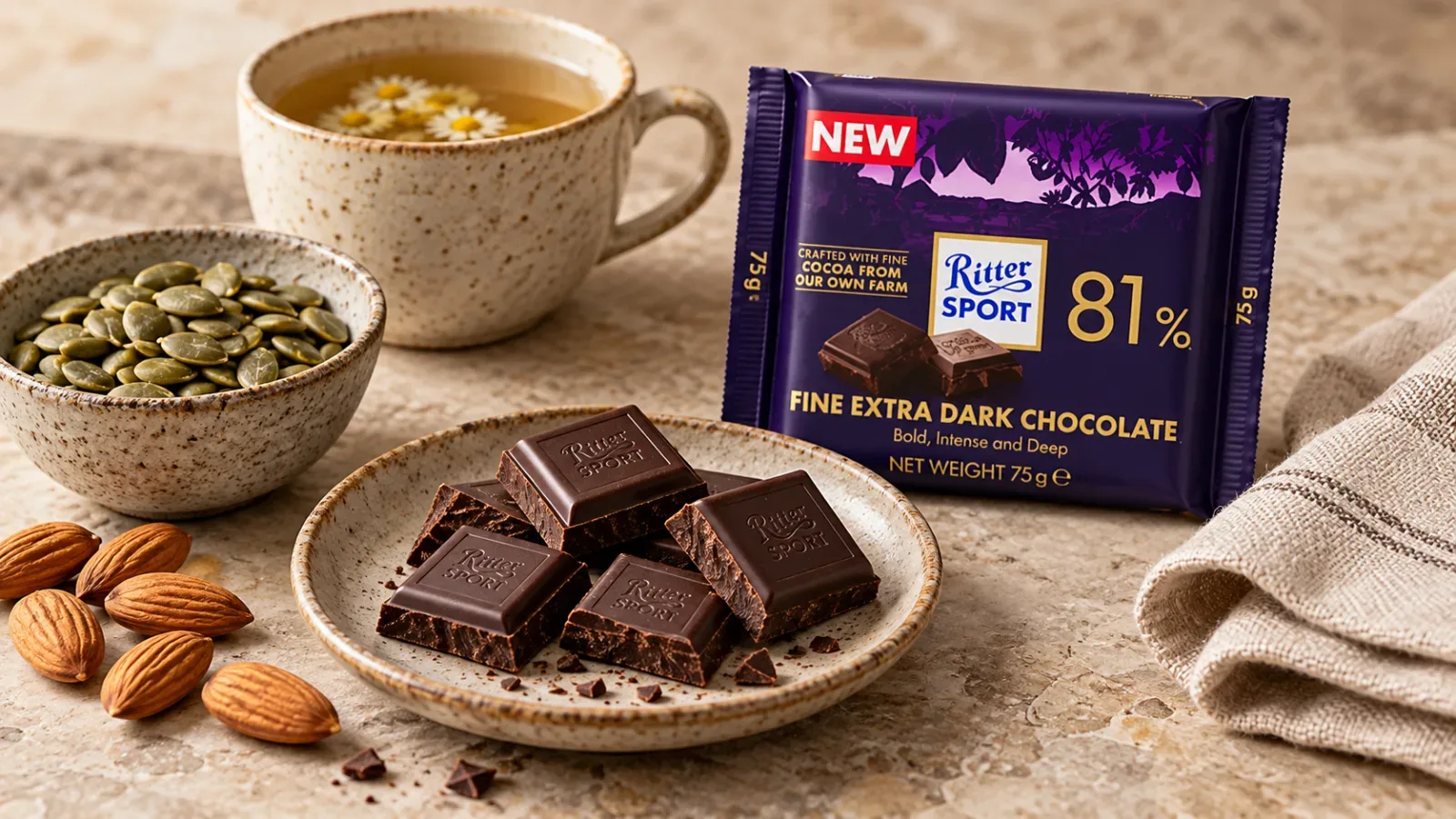 S&ocirc; c&ocirc; la đen Ritter Sport 81% cacao c&ugrave;ng hạt b&iacute;, hạnh nh&acirc;n v&agrave; tr&agrave; hoa c&uacute;c, minh họa c&aacute;c lựa chọn thực phẩm gi&agrave;u magie