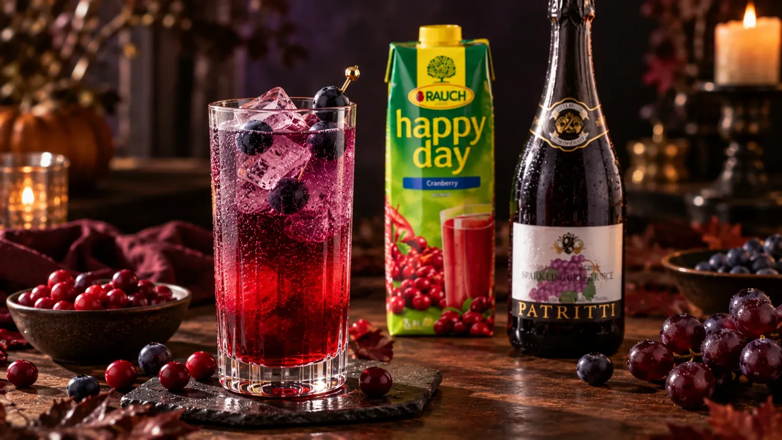 Mocktail Huyết Ma C&agrave; Rồng ph&acirc;n tầng đỏ ruby v&agrave; t&iacute;m nho, sủi bọt tự nhi&ecirc;n c&ugrave;ng đ&aacute; vi&ecirc;n v&agrave; quả mọng
