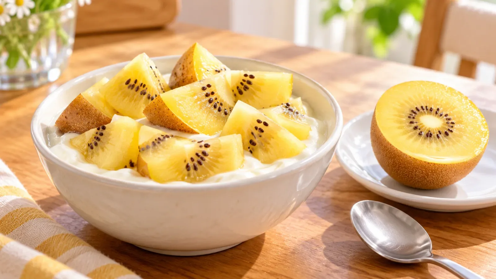 Kiwi vàng cắt miếng ăn trực tiếp cùng sữa chua cho bữa phụ giàu vitamin C của gia đình