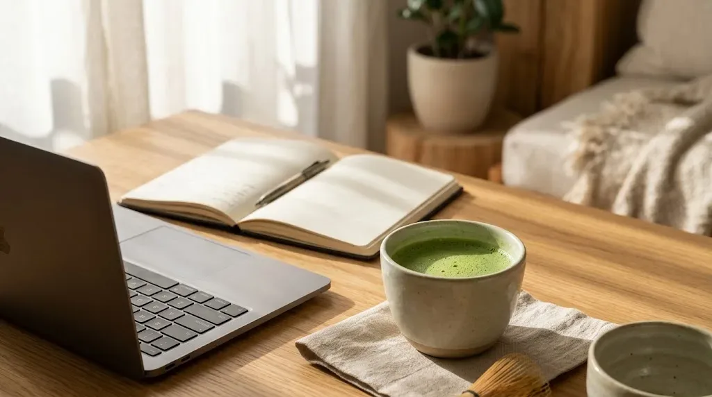 Tách matcha nguyên bản (usucha) đặt trên bàn làm việc ngập nắng sáng giúp duy trì sự tỉnh táo êm dịu nhờ sự kết hợp giữa caffeine và axit amin L-theanine