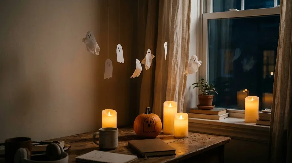 Trang trí góc bàn làm việc dịp Halloween bằng bí ngô mini vẽ mặt ma và đèn nến LED an toàn