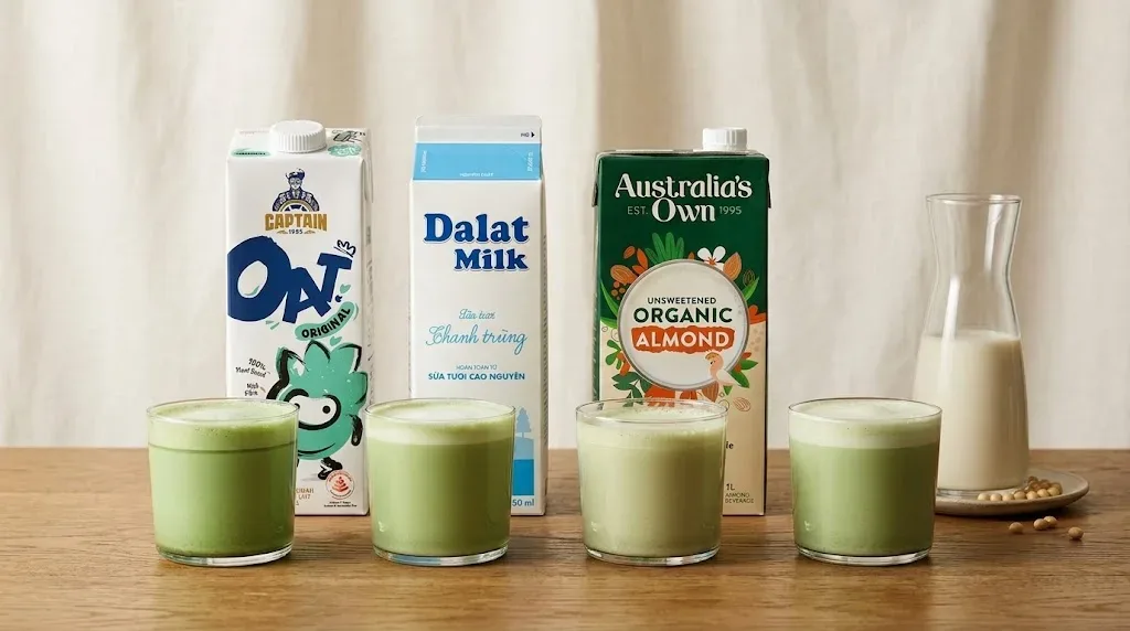 So sánh kết cấu bọt và màu sắc khi pha matcha latte bằng sữa yến mạch Captain Oats, sữa tươi thanh trùng Dalat Milk, sữa hạnh nhân hữu cơ Australia's Own và sữa đậu nành