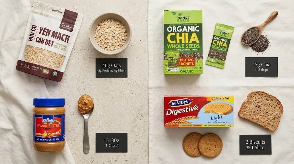 Visual single-meal portion sizes showing 40g rolled oats, 15g chia seeds, 15-30g peanut butter, and whole-wheat biscuits.&nbsp;