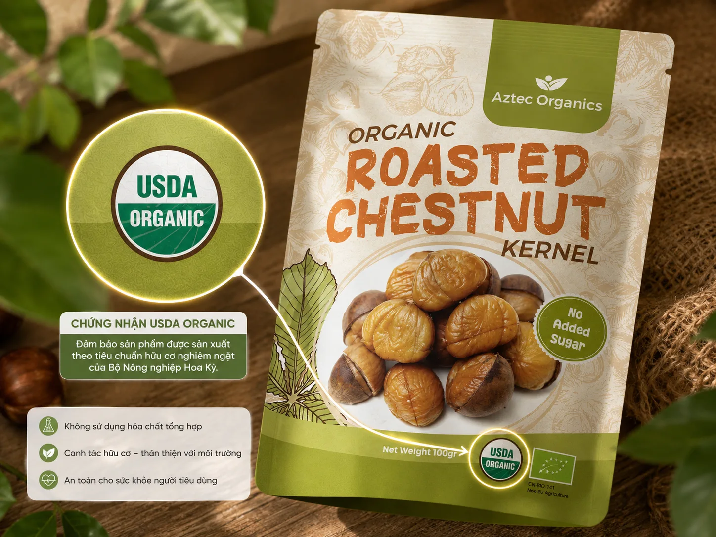 Logo chứng nhận USDA Organic trên bao bì thực phẩm nhập khẩu từ Mỹ.