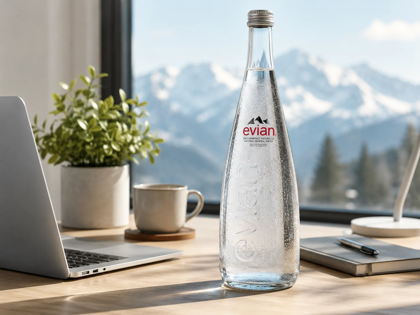Nước khoáng tự nhiên Evian mang lại sự tinh khiết và sảng khoái cho ngày làm việc.
