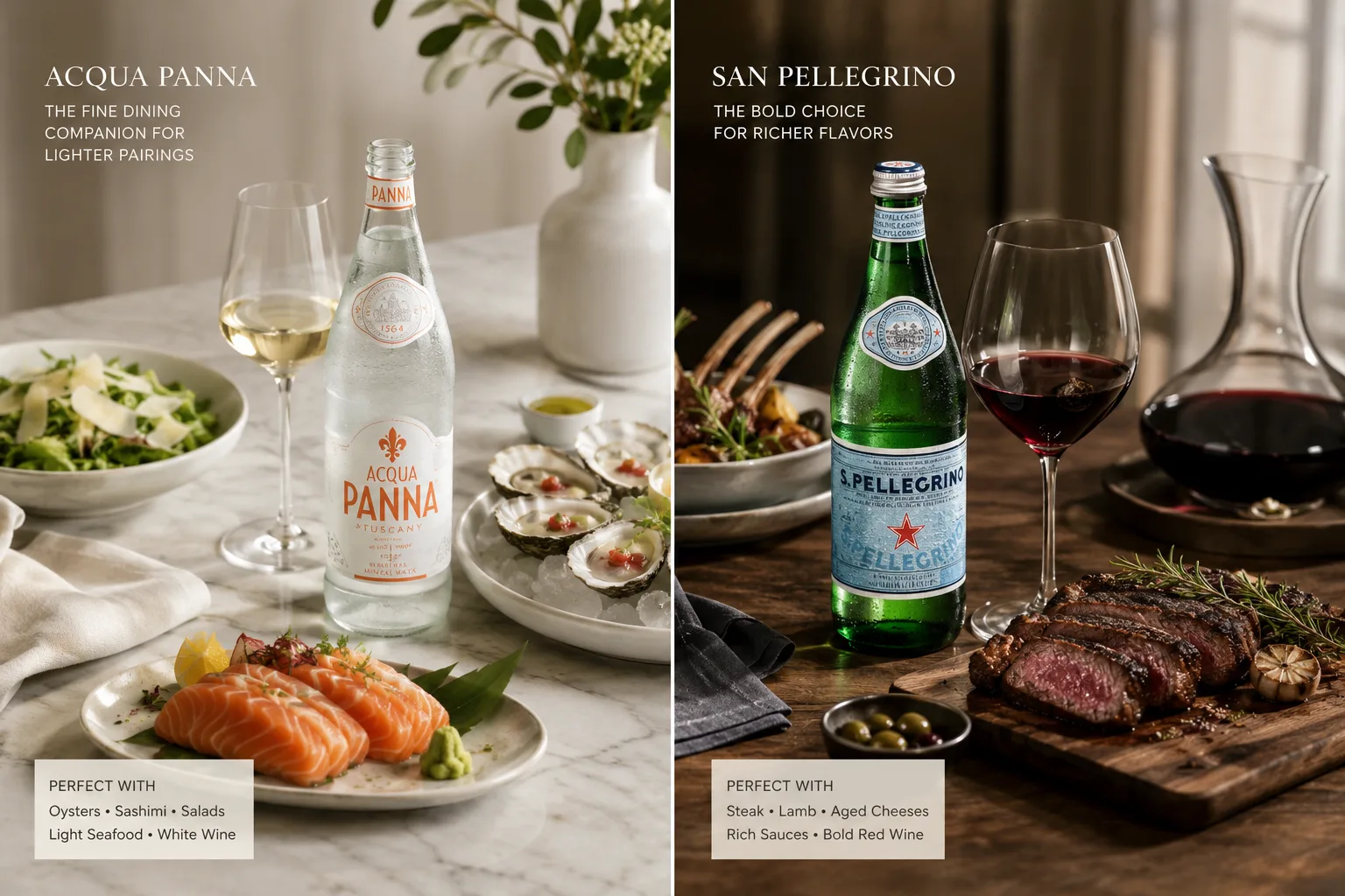 So s&aacute;nh nước Acqua Panna v&agrave; San Pellegrino khi kết hợp c&ugrave;ng m&oacute;n ăn v&agrave; rượu vang