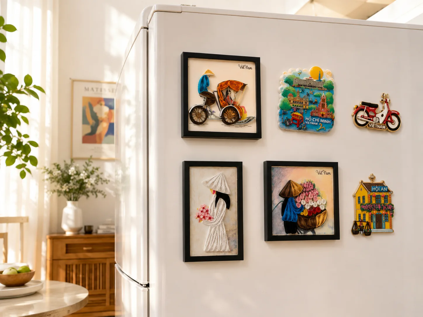 Fridge magnets, 3D paper quilling art, and metal pins representing Vietnamese culture.