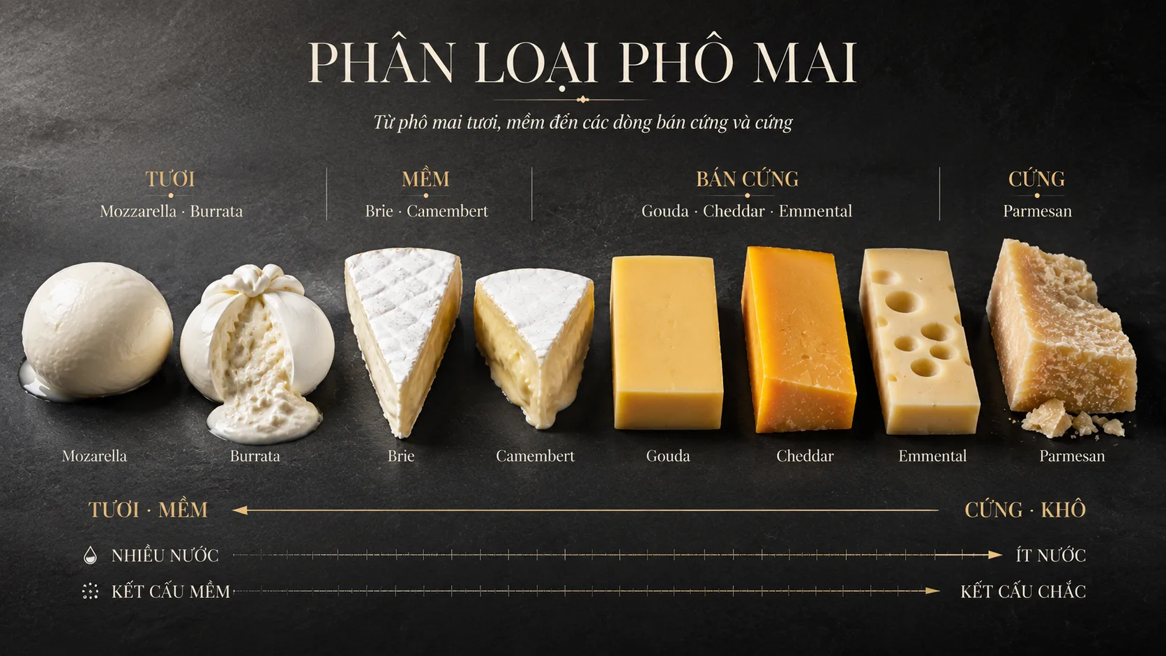 So sánh các nhóm phô mai nhập khẩu từ phô mai tươi đến phô mai cứng