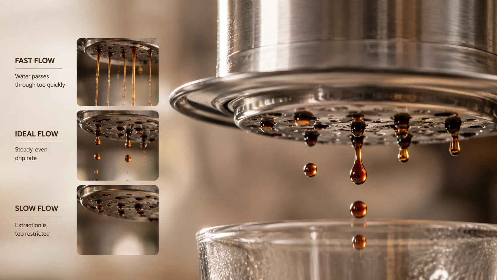 Close-up of a dark coffee drop dripping slowly from a metal Phin filter to demonstrate proper extraction flow rate