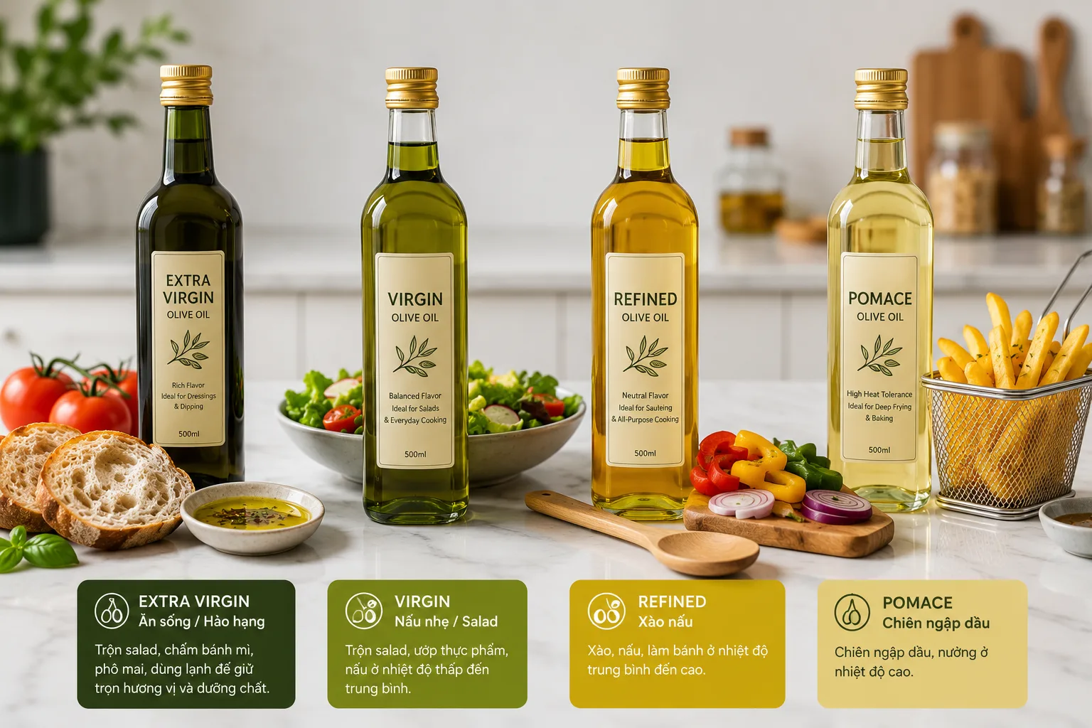 Phân biệt 4 loại dầu ô liu: Extra Virgin, Virgin, Refined Olive Oil và Olive Pomace Oil