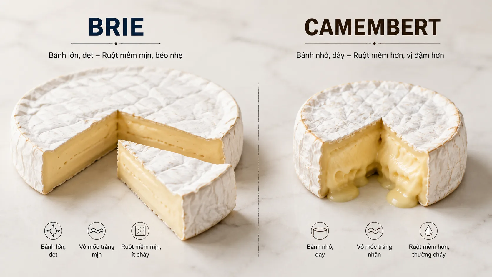Phân biệt kết cấu phô mai Brie và Camembert cắt đôi