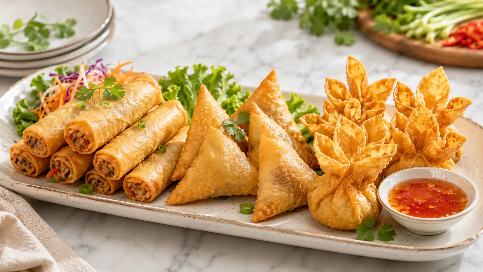 Các món khai vị chiên giòn từ vỏ chả giò bột mì như samosa và hoành thánh