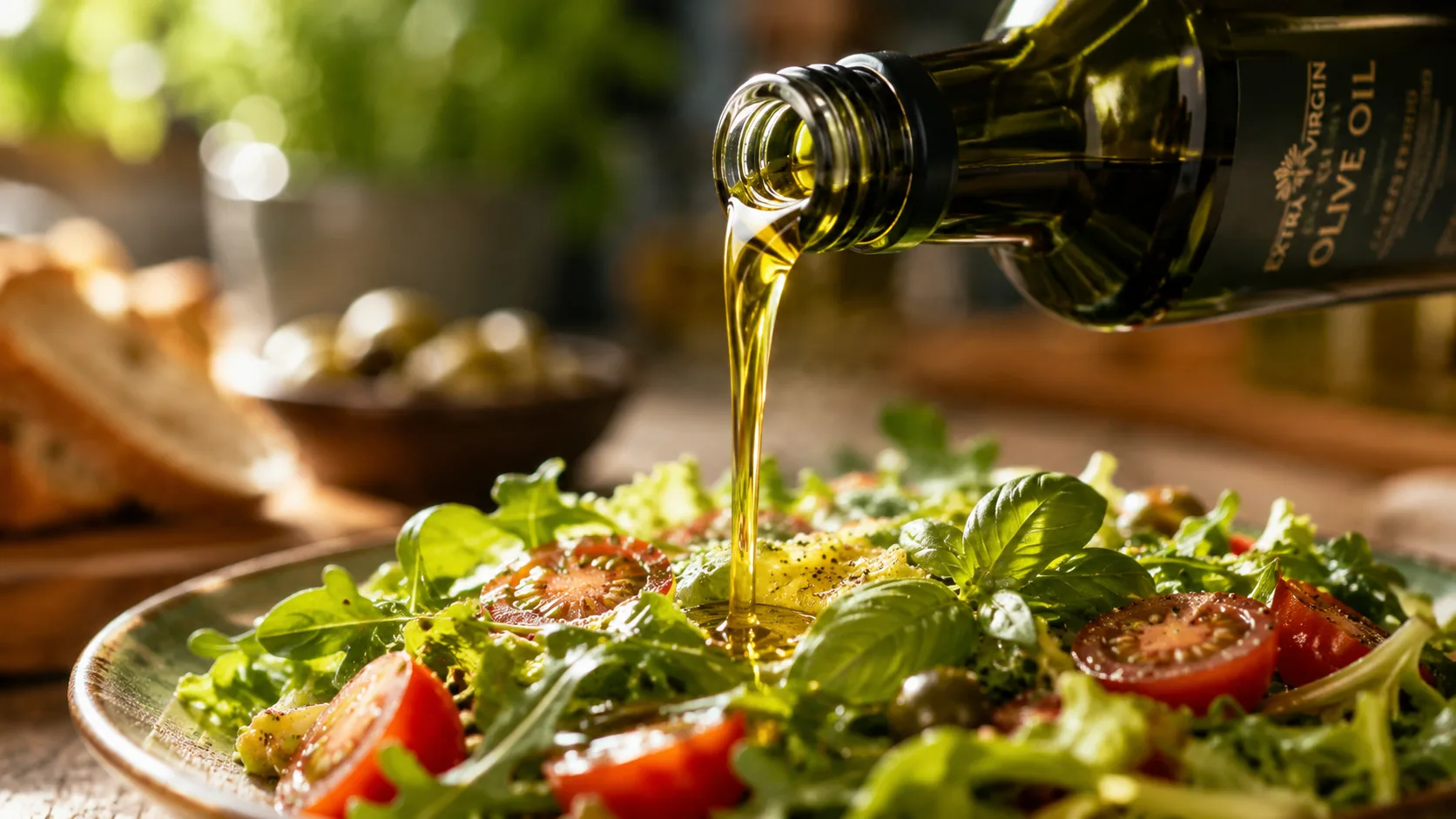 Dầu olive Extra Virgin nguyên chất rót lên salad - linh hồn của chế độ ăn Địa Trung Hải