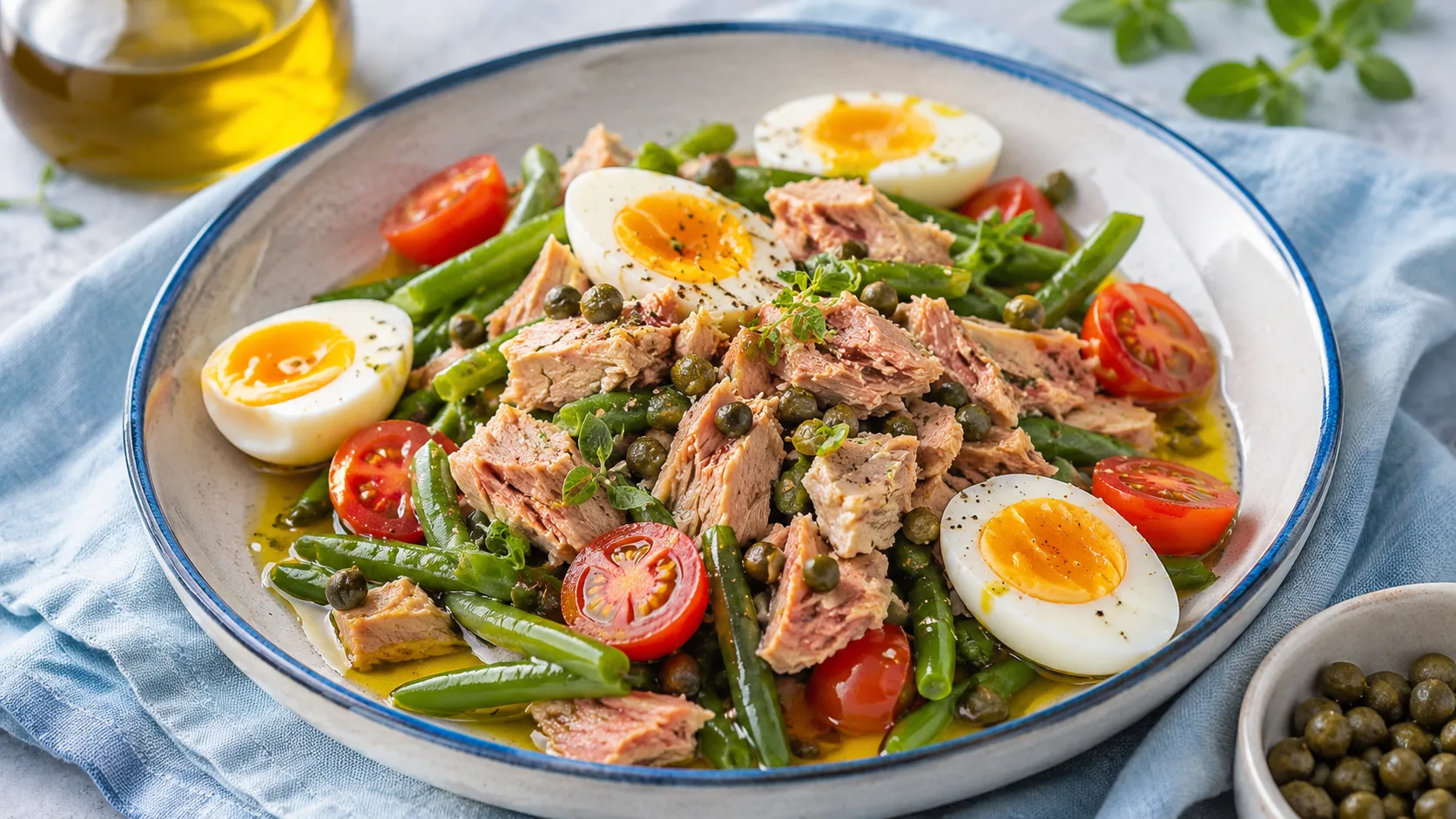 Salad c&aacute; ngừ Địa Trung Hải gi&agrave;u protein v&agrave; omega-3 trộn c&ugrave;ng dầu &ocirc; liu nguy&ecirc;n chất