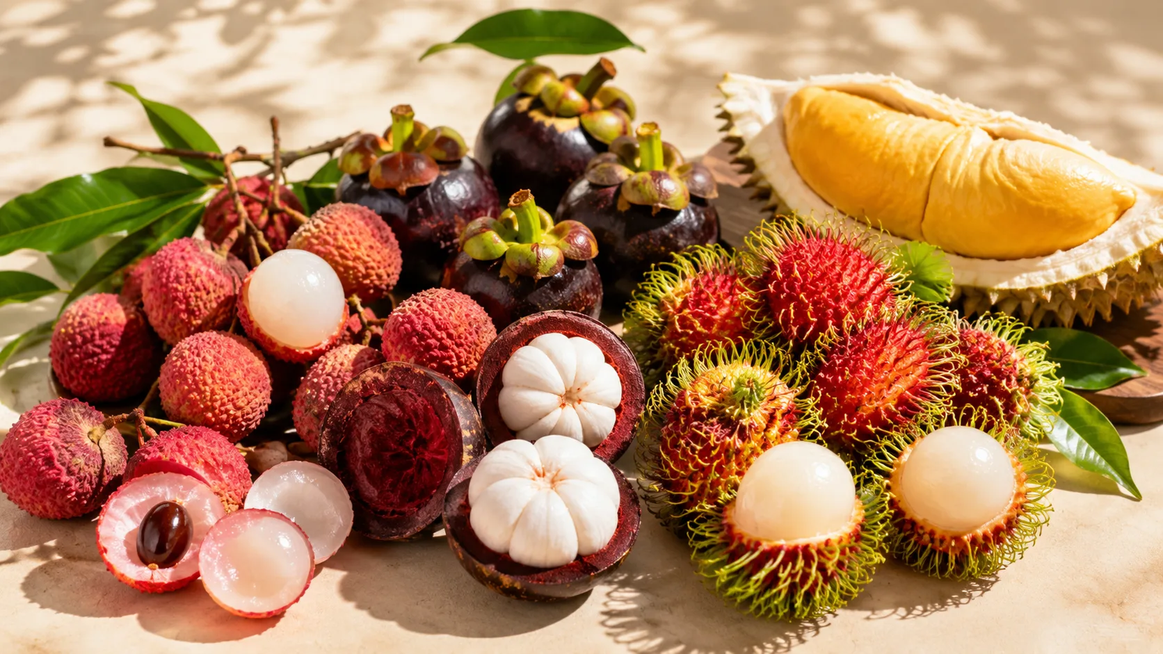 Bright tropical summer fruits with durian, lychee, mangosteen, and rambutan