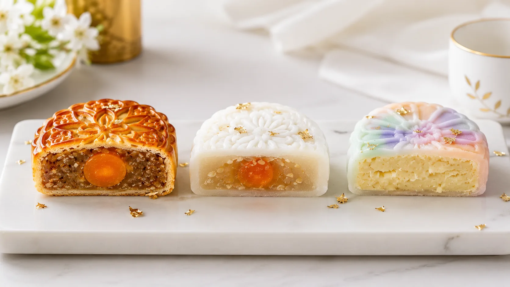 Comparison of traditional Vietnamese banh nuong, banh deo and modern snow-skin mooncakes