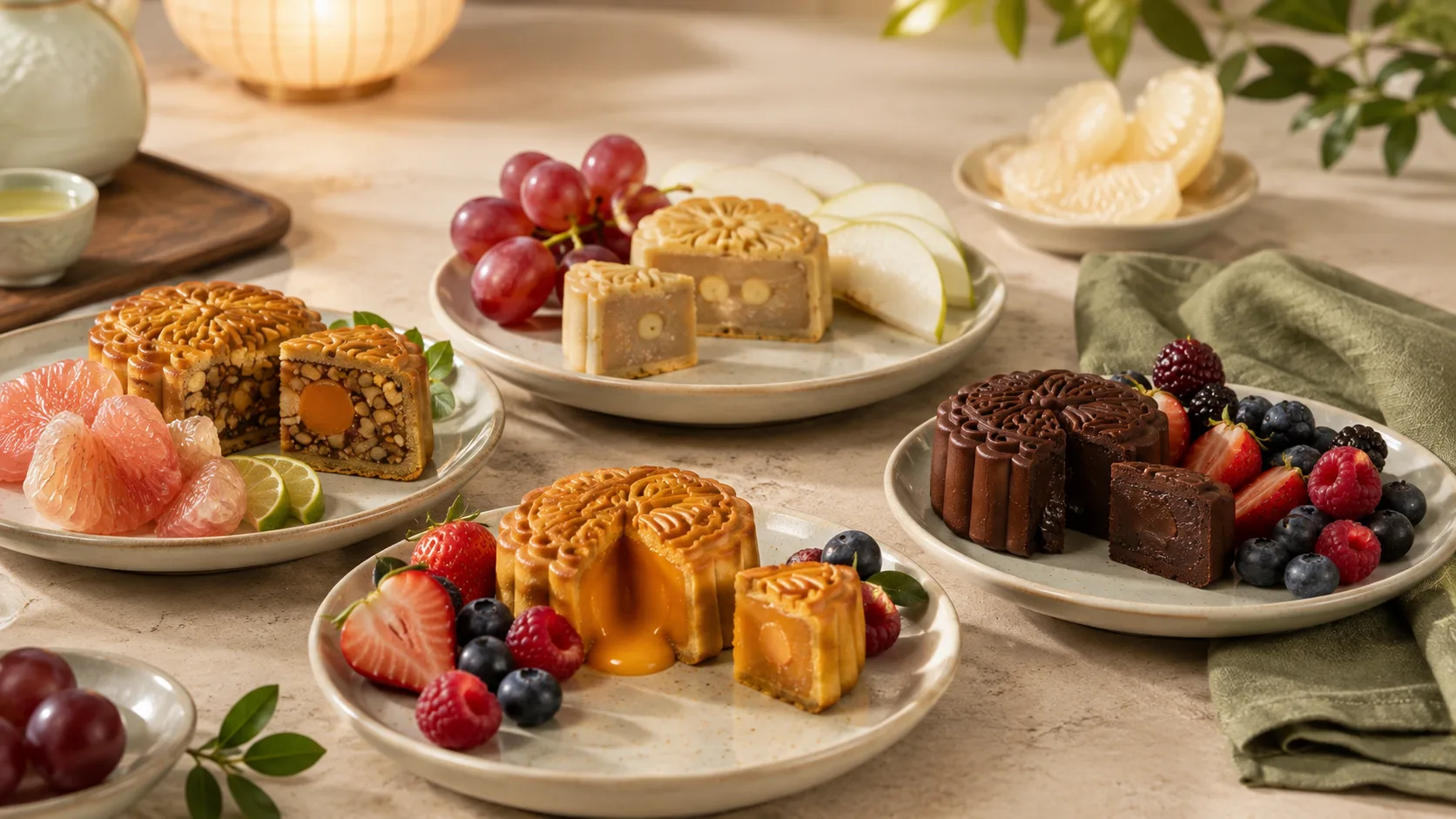 Bánh Trung Thu ăn với trái cây gì như bưởi berries lê và nho
