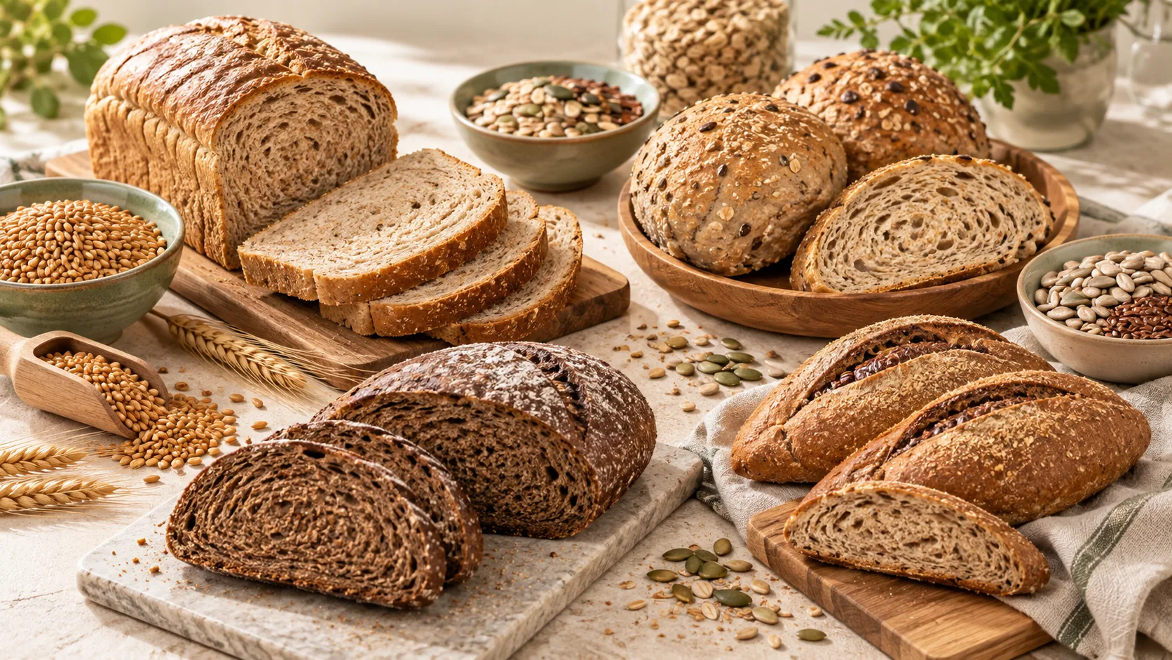 Các loại bánh mì whole wheat multigrain rye và multi-seed
