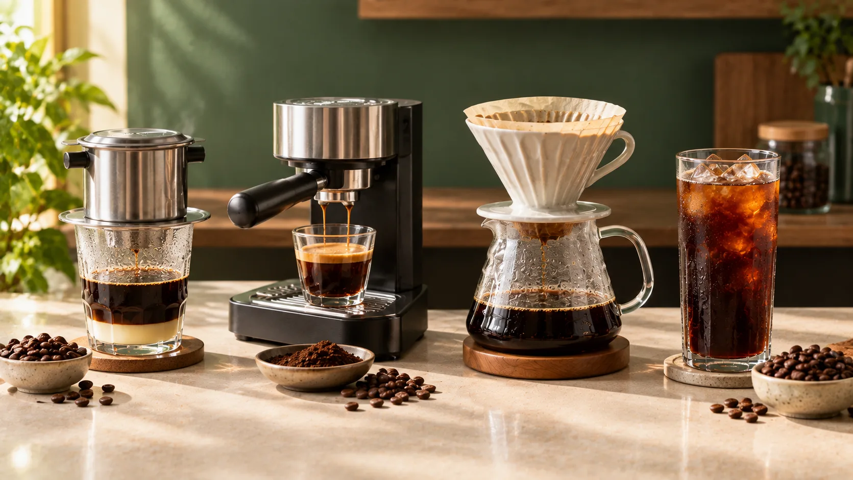 Các phương pháp pha cà phê phin espresso pour over và cold brew