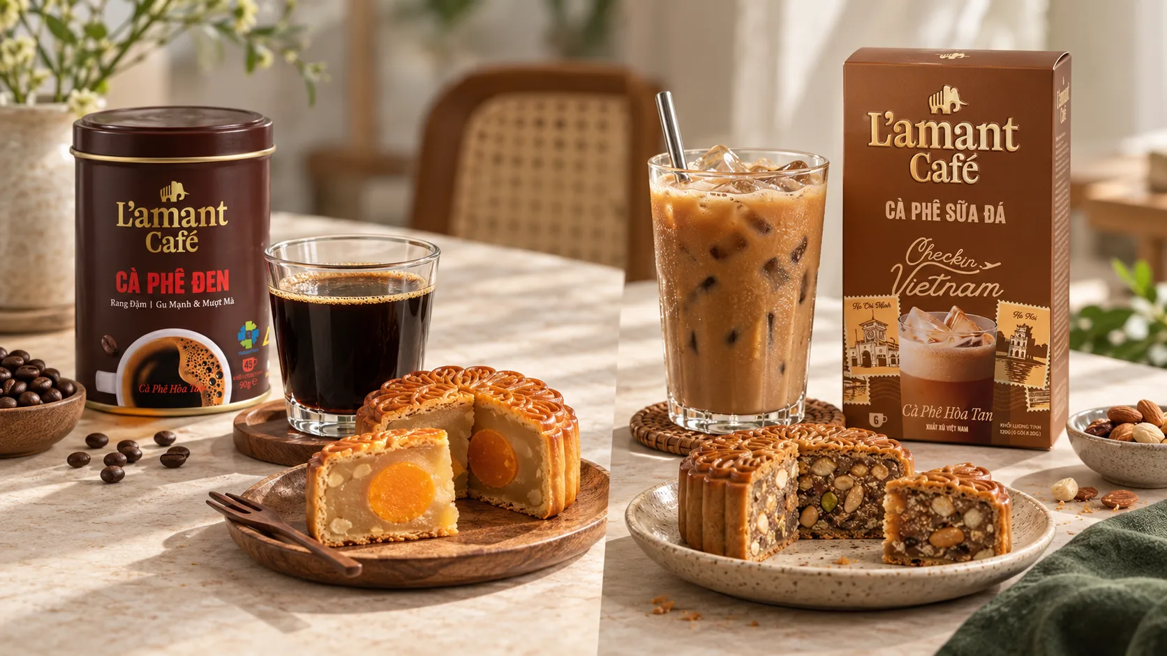 Black Vietnamese coffee and iced milk coffee paired with different mooncake fillings