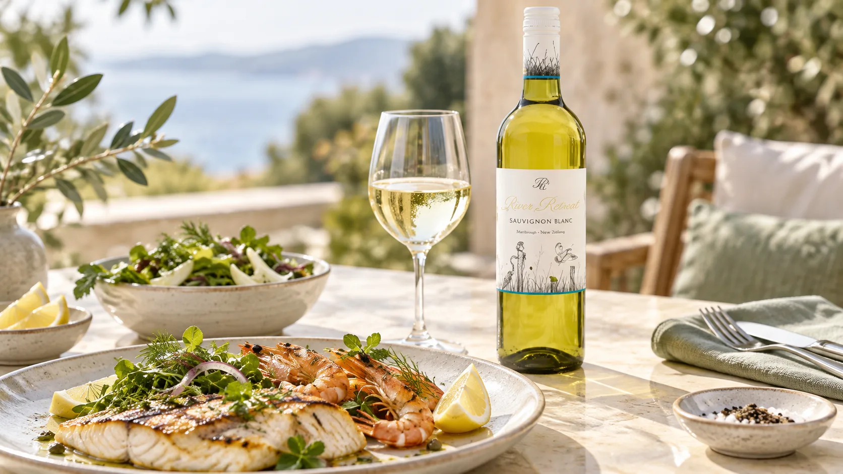 Rượu vang Sauvignon Blanc kết hợp với hải sản v&agrave; salad tươi