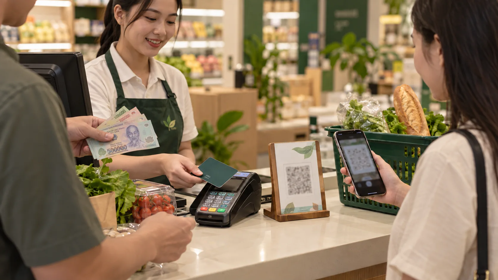 Cash card and QR payment options while shopping in Vietnam