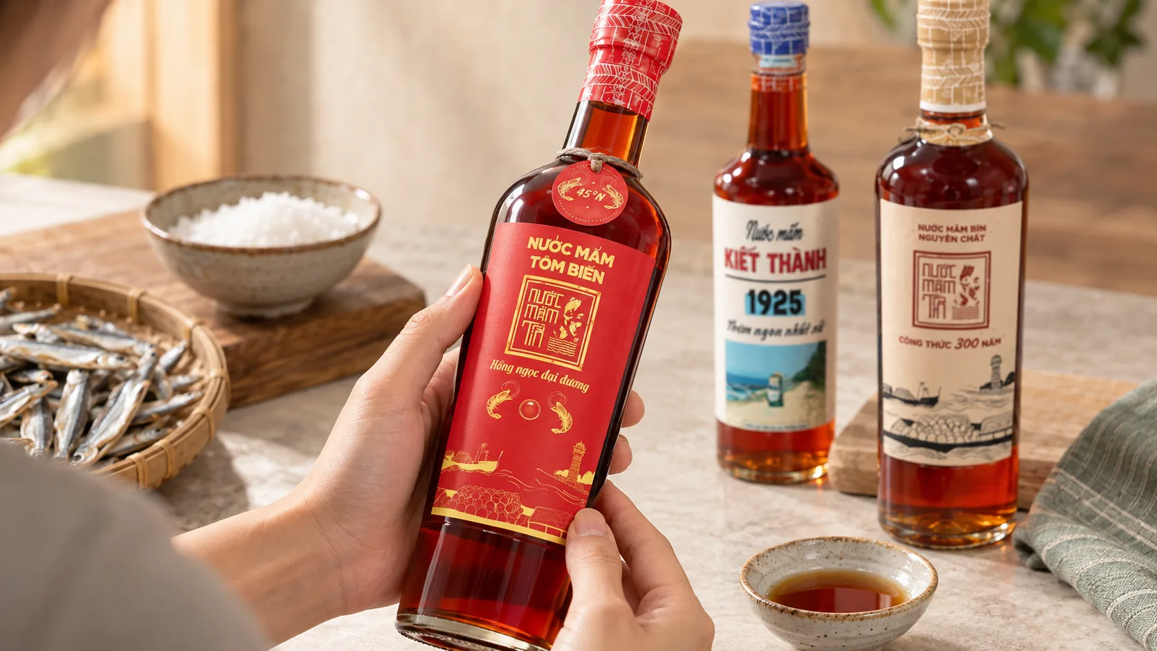 Shopper checking ingredients and nitrogen level on Vietnamese fish sauce labels