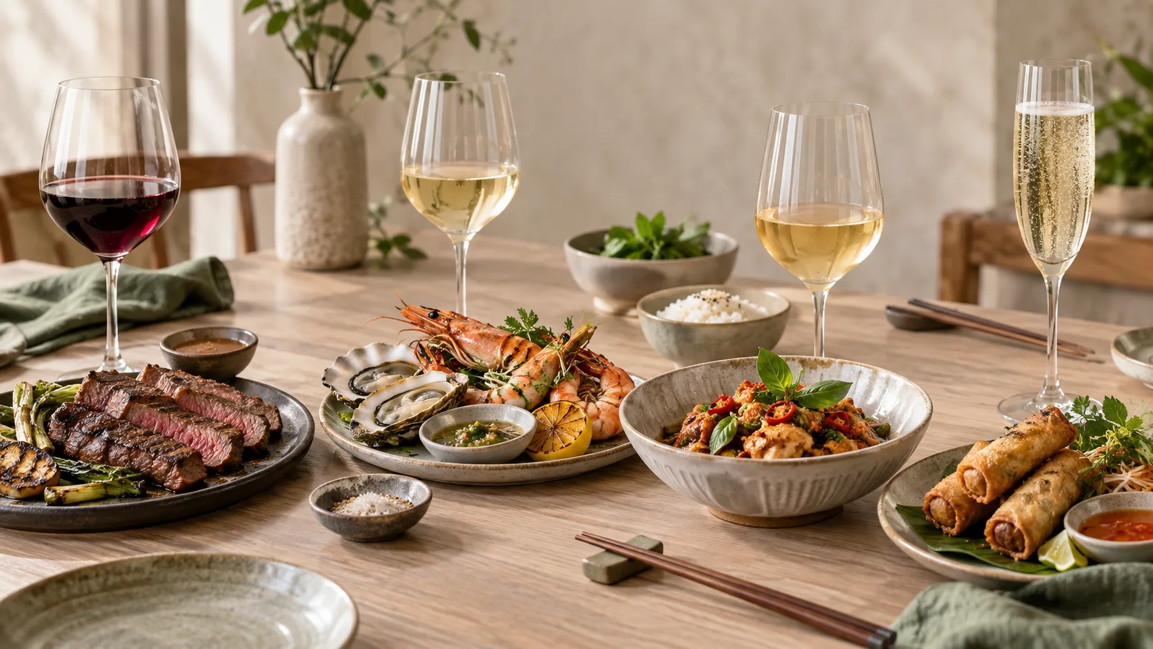 Gợi ý kết hợp vang đỏ, vang trắng, Riesling và sparkling với món ăn